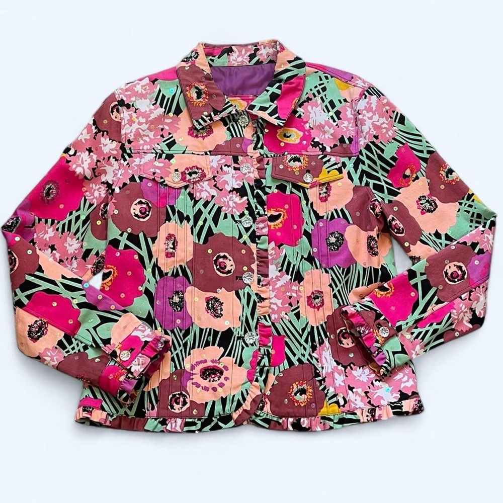 Vintage Redd Jeans Size 8 Medium Pink Purple Green Black Floral Blazer Jacket
